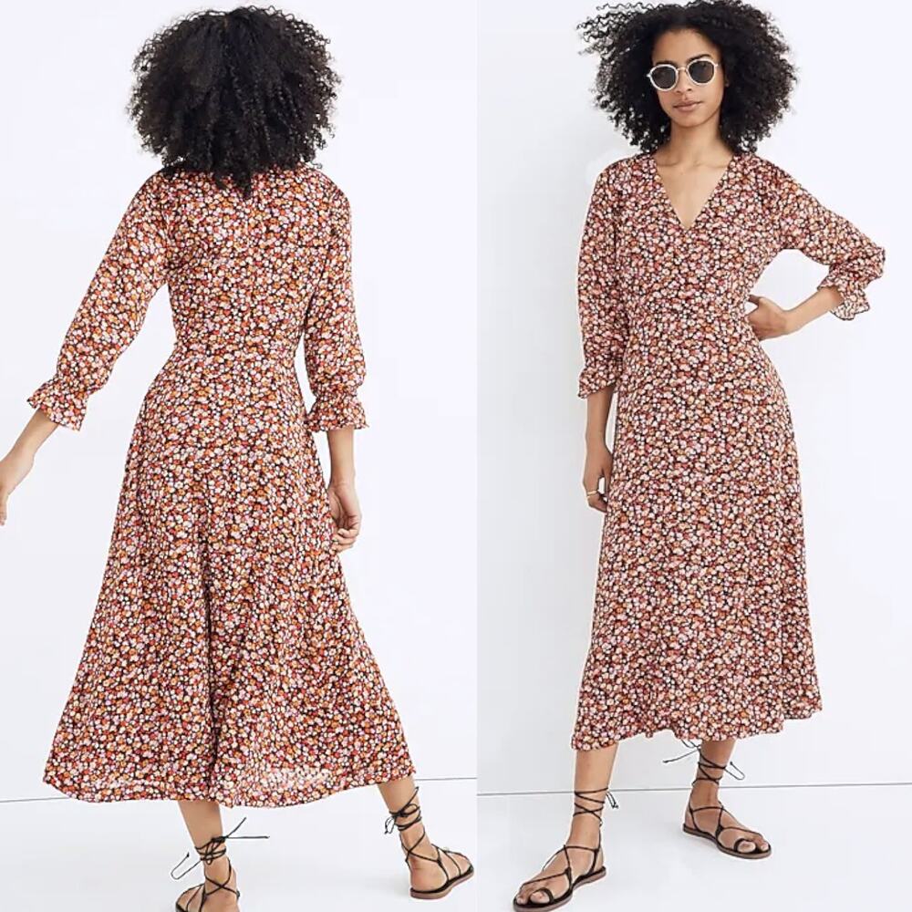 MADEWELL Clipdot Faux Wrap Midi Dress Floral Spring Prairie Cottagecore 6 Red